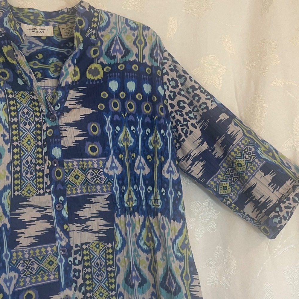 LEMON GRASS WOMAN 2X Blue and Green Button Down Blouse Preworn Great Condition - Picture 8 of 15
